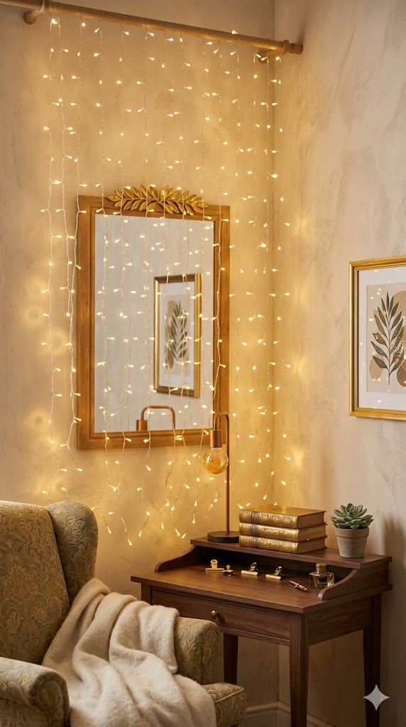 Warm-white curtain fairy string lights as a cozy desk backdrop
