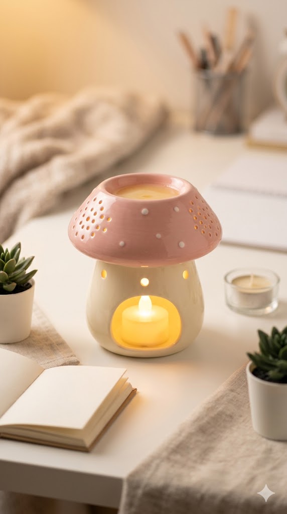 The Girly Aesthetic Desk Setup Guide: Pink, Cute & Actually Functional Ceramic mushroom wax melt warmer with a soft glow on a cozy girly desk
